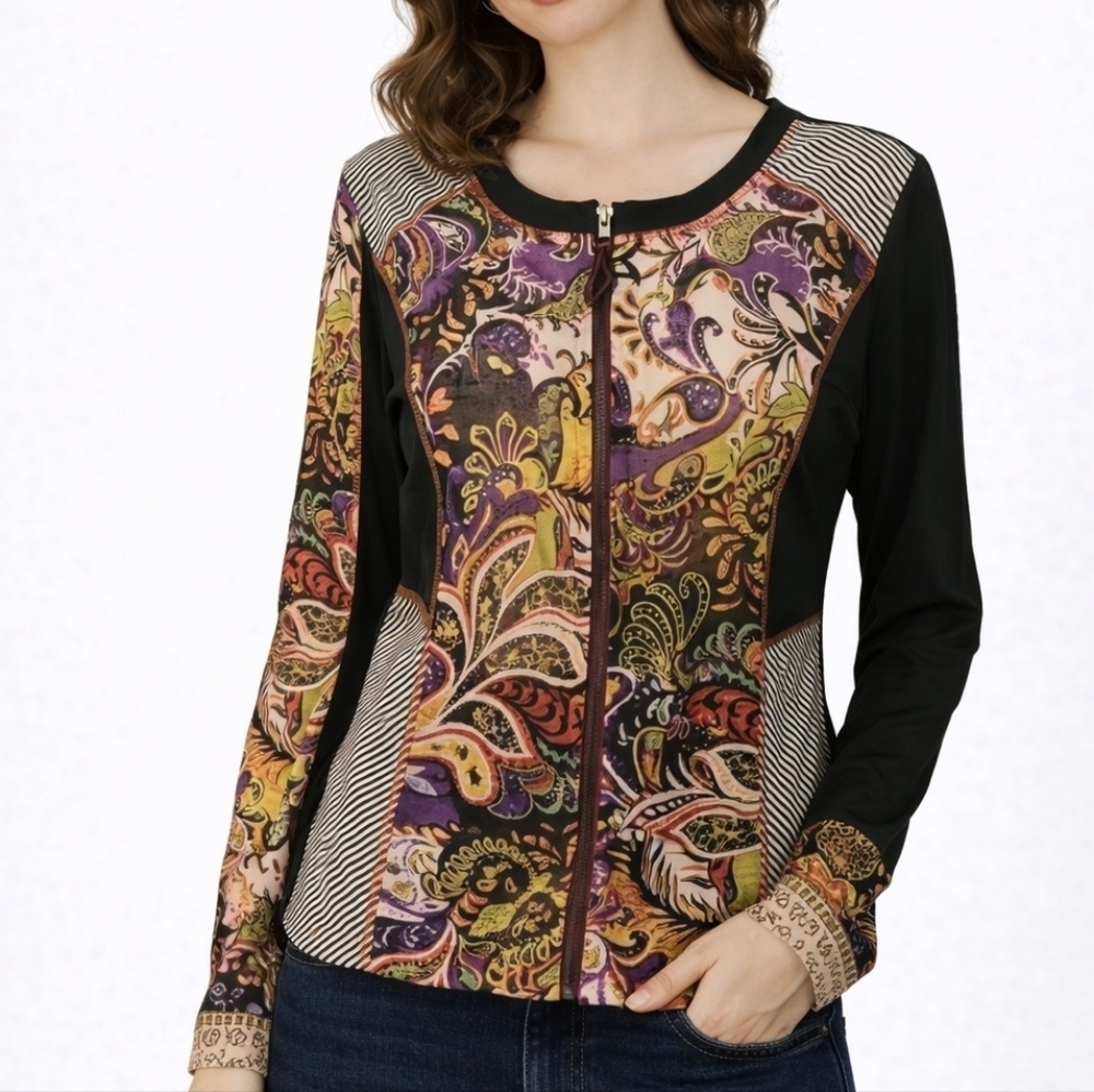 KAKTUS Striped Floral Mixed Print Long Sleeve Zipper Goth Blouse